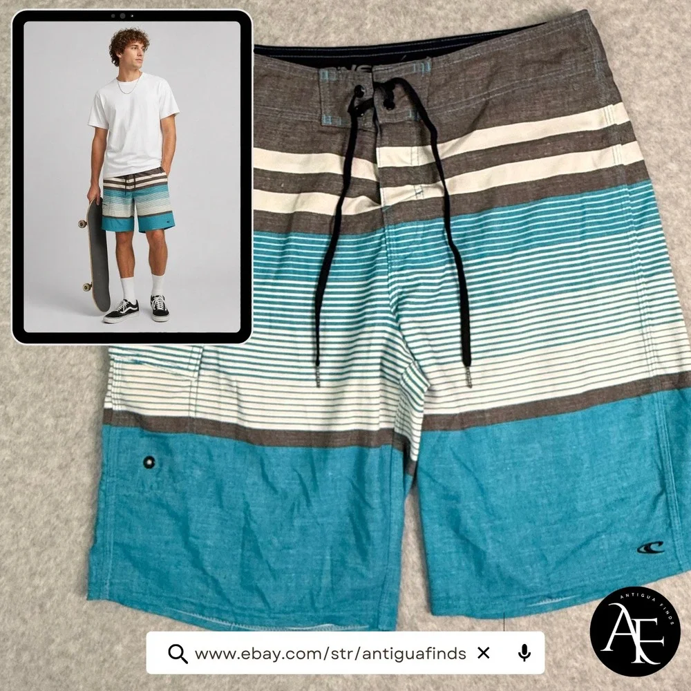 ONeill Mens Striped Board Shorts Blue Grey Size 31 Swim Trunks Cargo Pocket